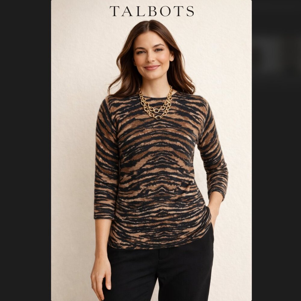 Talbots Cashmere Sweater M Tiger Print 3/4 Sleeve Crew Neck Quiet Luxury Soft